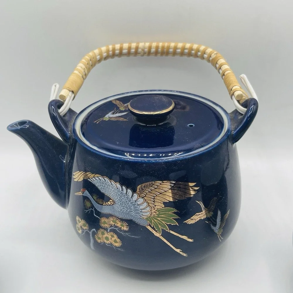 Vintage Japanese Cobalt Blue Tea Set With Gold Peacock Design - Teapot W/ 4 Cups